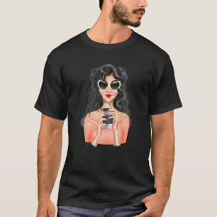 Fashion Blonde Girl With Cup of Coffee with Heart T-Shirt