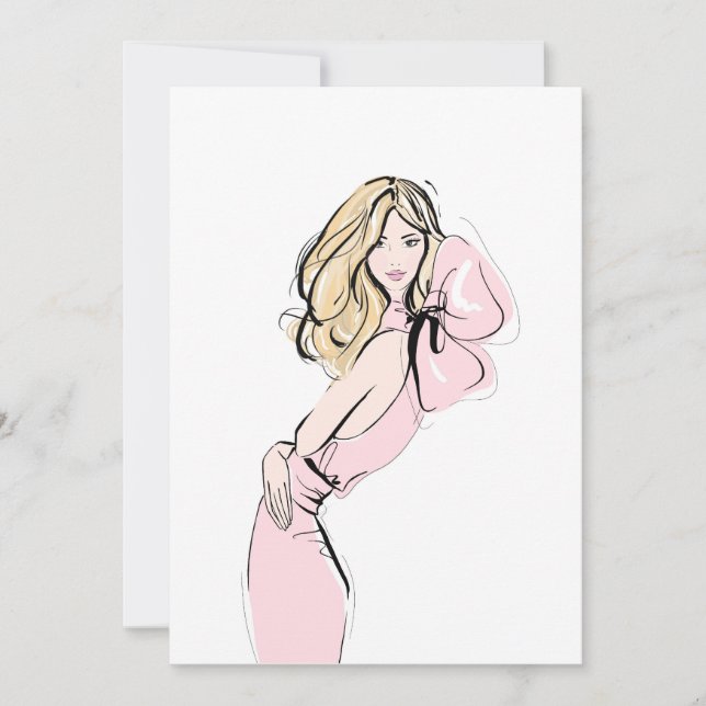 Fashion blonde hair girl in pink dress holiday card (Front)