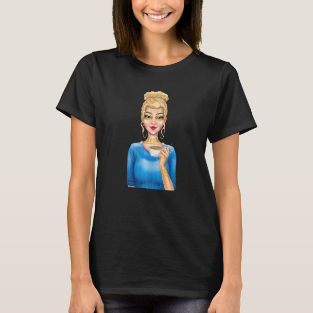 Fashion Blonde Woman Holding Cup of Coffee Hand Dr T-Shirt (Front)
