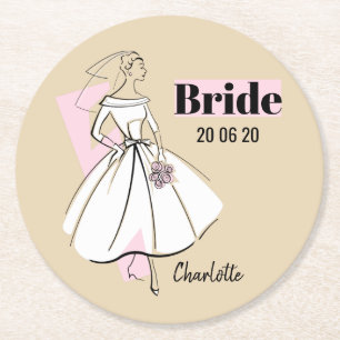 Fashion Bride Neutral Bride Date Name round Paper Coaster