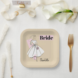Fashion Bride Neutral Bride Name square Paper Plate