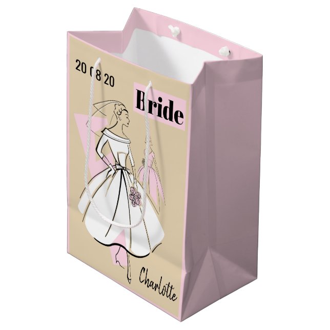 Fashion Bride Neutral Name Date medium pink Gift Bag (Front Angled)