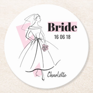 Fashion Bride Pink Bride Date Name coaster round