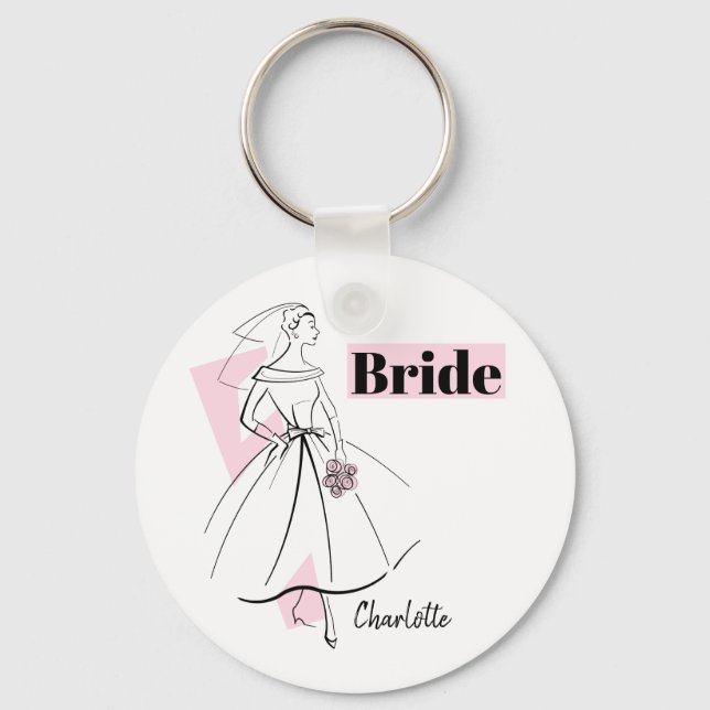 Fashion Bride Pink Bride Name keychain round (Front)