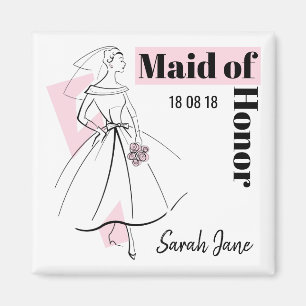 Fashion Bride Pink Maid of Honour Date Name square Magnet