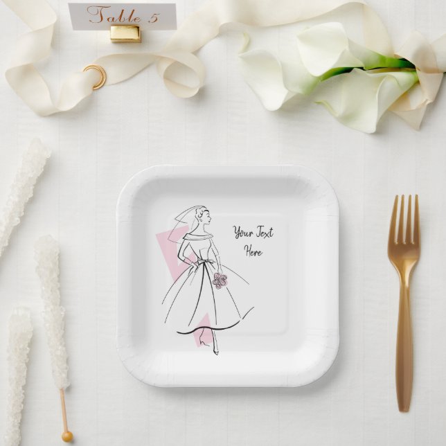 Fashion Bride Pink Text square Paper Plate (Wedding)