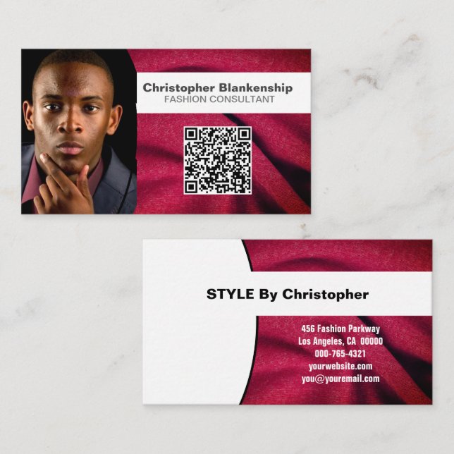 Fashion Burgundy Fabric Custom Photo QR Code  Business Card (Front/Back)