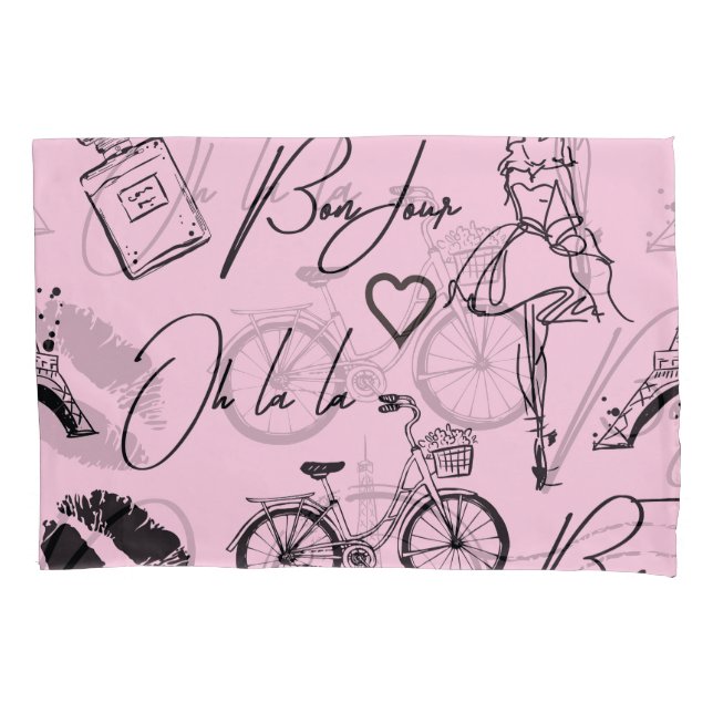 Fashion, calligraphy, Eiffel Tower, lips Pillowcase (Front)