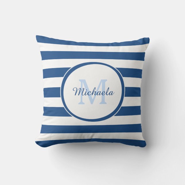 Fashion Candy Stripes Monogram and Name in Blue Cushion (Front)