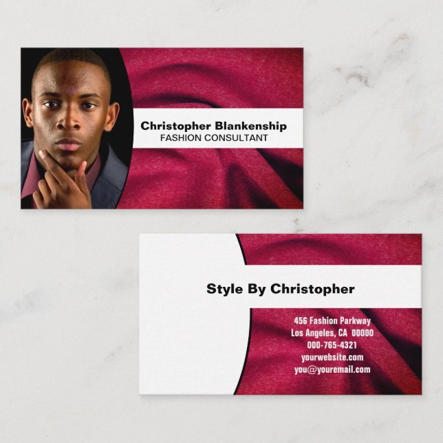 Fashion Consultant Burgundy Fabric Custom Photo Business Card (Front/Back)