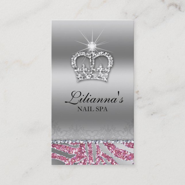 Fashion Crown Salon Spa Silver Pink Crystal Appointment Card (Front)