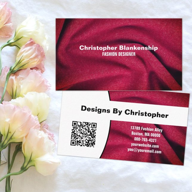 Fashion Designer Burgundy Fabric Texture QR Code Business Card (This doubl- sided design is generic enough to work for most small busineses. )