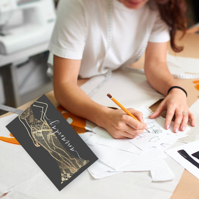 Fashion Designer Dress Logo QR Grey Gold Lace  Business Card (Creator Uploaded)