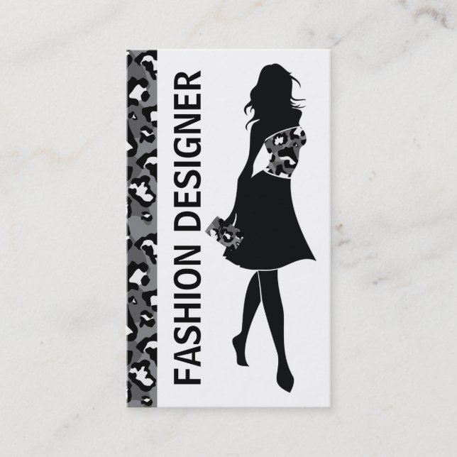 Fashion designer girl black grey panther print business card (Front)