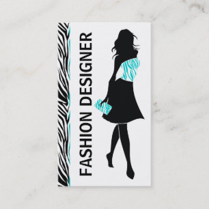 Fashion designer girl turquoise, white zebra print business card