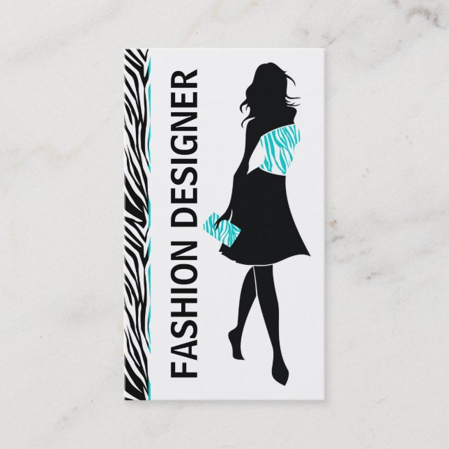 Fashion designer girl turquoise, white zebra print business card (Front)