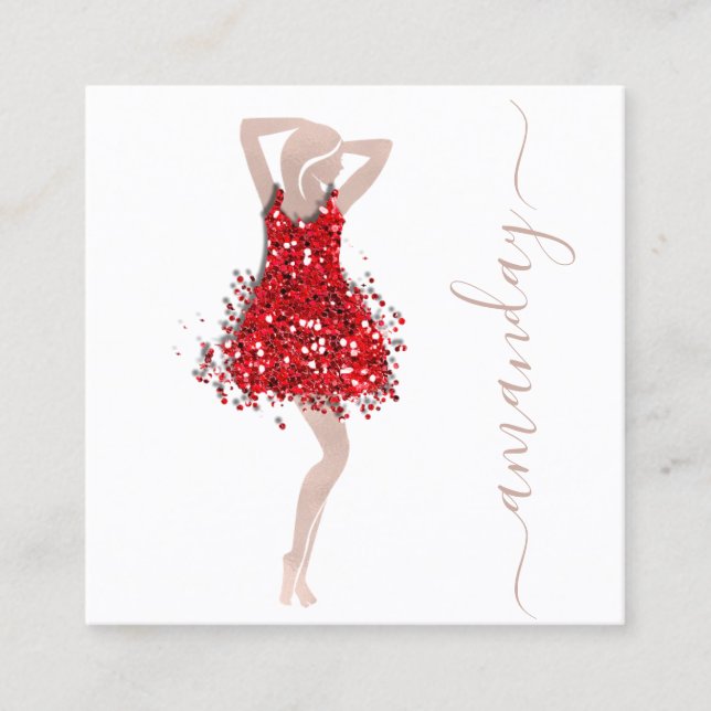 Fashion Designer Shop Dress QRCode Logo Rose Red Square Business Card (Front)