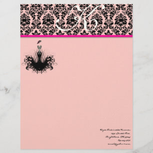 Fashion Diva 2 Pink Raspberry Monogram Damask Personalised Letterhead