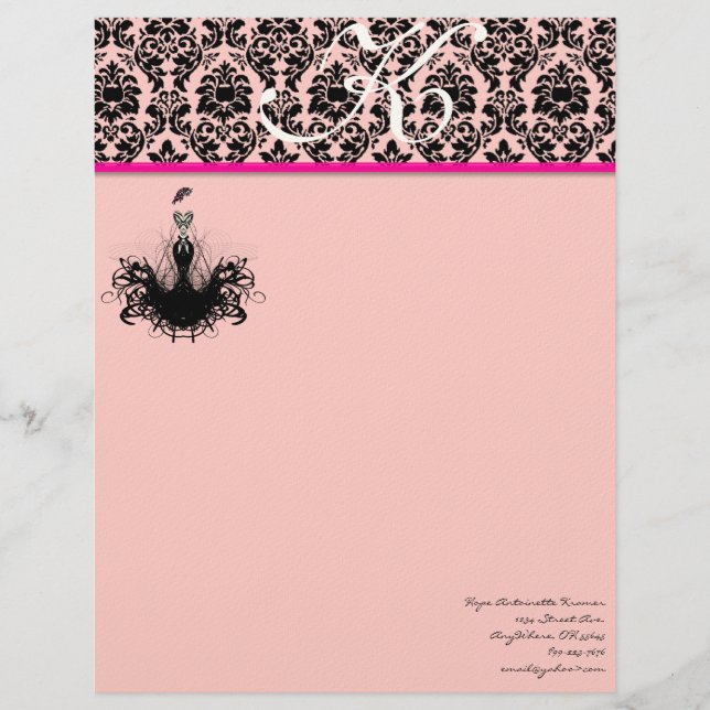 Fashion Diva 2 Pink Raspberry Monogram Damask Personalised Letterhead (Front)