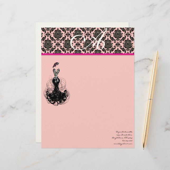 Fashion Diva Pink Raspberry Monogram Damask Custom Letterhead (Front/Back In Situ)