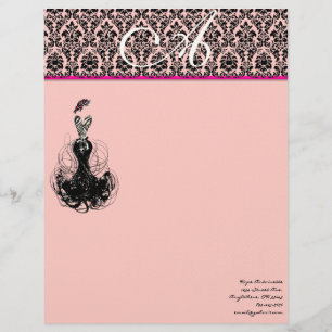 Fashion Diva Pink Raspberry Monogram Damask Letterhead Template