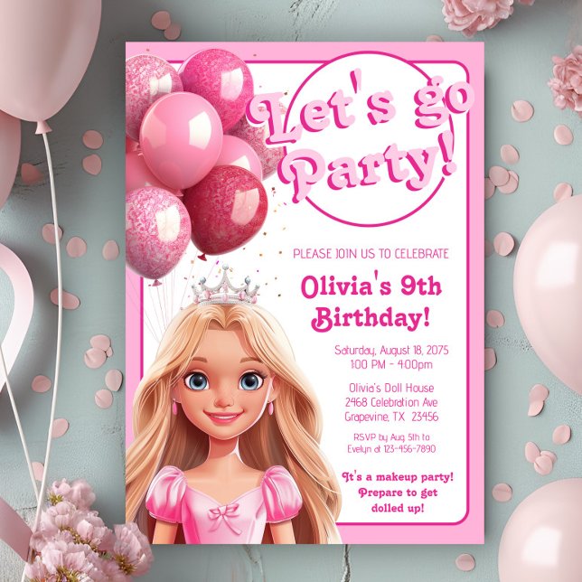 Fashion Doll Princess Birthday Party Invitation (Cute pink princess doll any number birthday party invitation. )