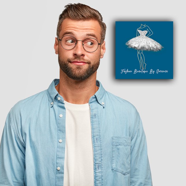 Fashion Dress Logo QR Code Grey Silver Dress Navy Square Business Card (Fashion Dress Logo QR Code Gray Silver Dress Navy Square Business Card)