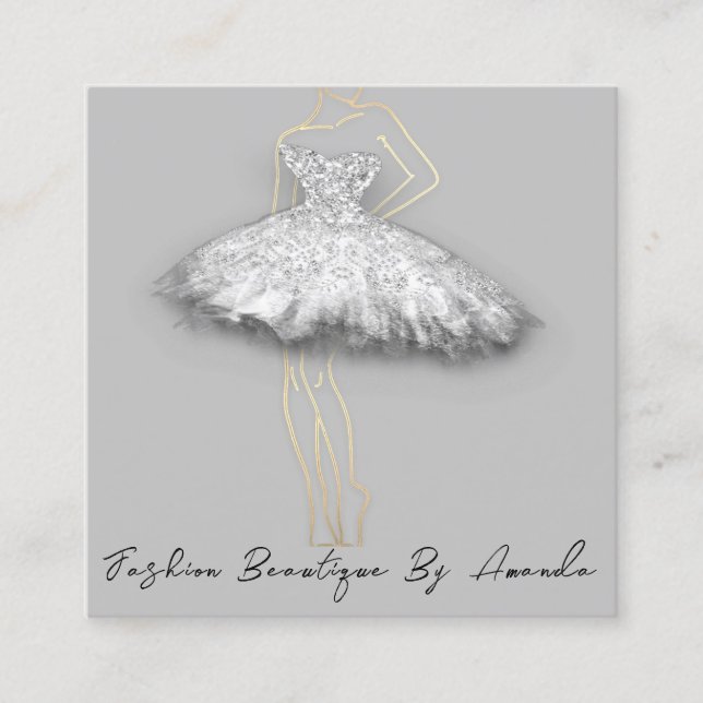 Fashion Dress Logo QR Code Silver Grey Gold Body Square Business Card (Front)