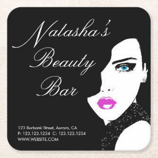 Fashion Girl Black Pink Beauty Bar Square Paper Coaster