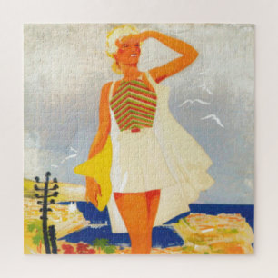 Fashion Girl Monte Carlo Beach Travel Art Jigsaw Puzzle