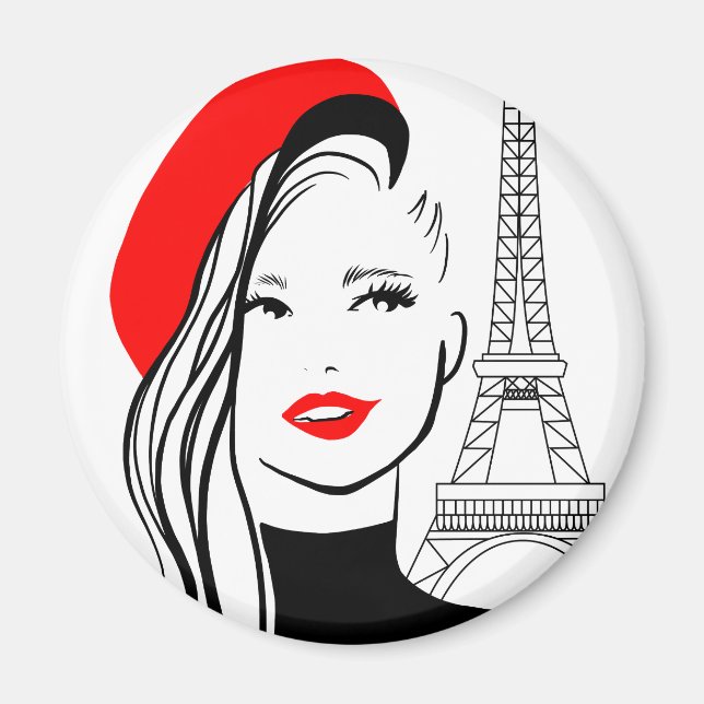 Fashion illustration french woman in red beret magnet (Front)