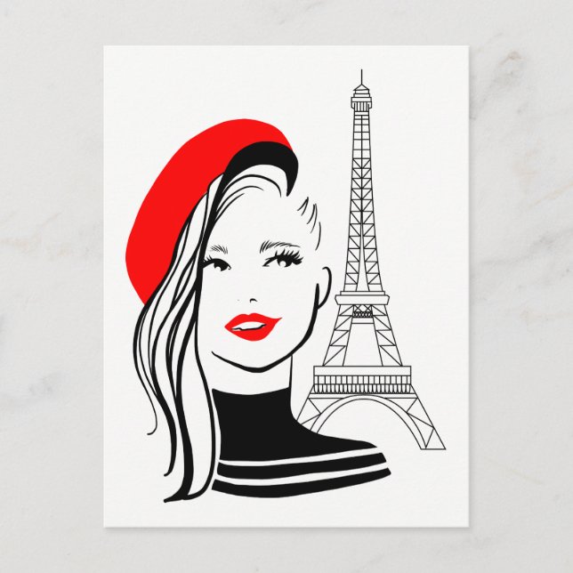 Fashion illustration french woman in red beret postcard (Front)