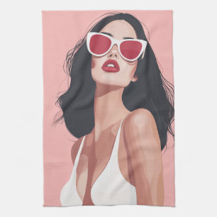 Fashion Illustration Stylish Woman With Sunglasses Tea Towel
