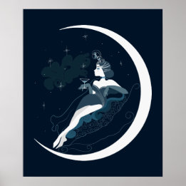 Fashion illustrationart deco woman with moon poster
