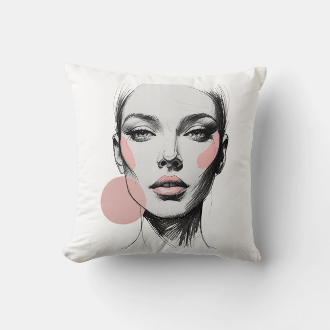 Fashion Line Art Face with Blush Pink Accents – El Cushion (Front)