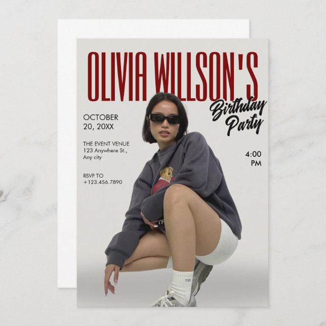 Fashion magazine photo birthday invitation (Front/Back)
