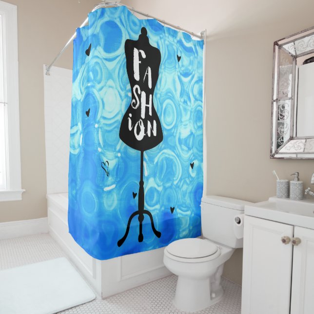 Fashion Mannequin Stand Blue Retro Vintage Shower Curtain (In Situ)