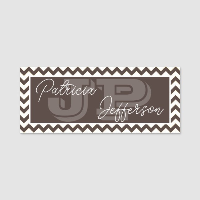 Fashion Mocha Brown Chevron Unique Monogram Name Tag (Front)