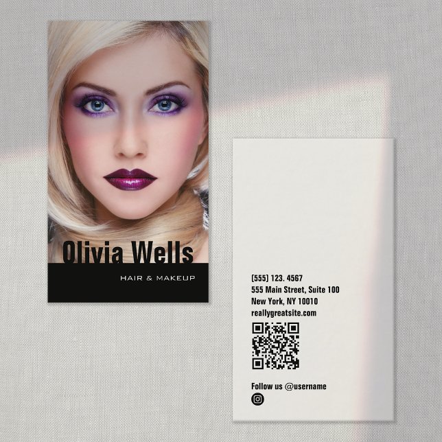 Fashion Model Photo Black QR code Business Card (Vertical Photocards with QR code and instagram social media icon on backside)