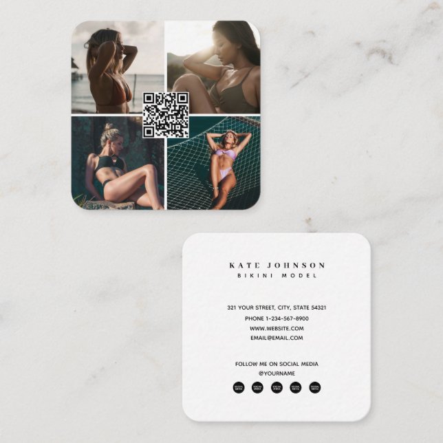 Fashion Model Photos QR Code Social Media Icons  Square Business Card (Front/Back)