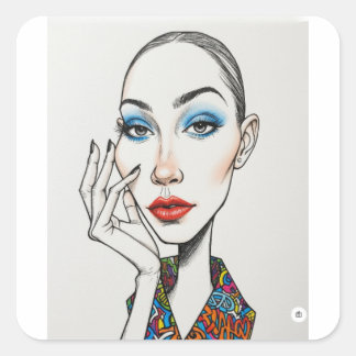 Fashion Model Pop Art Portrait Blue Eyeshadow Red Square Sticker