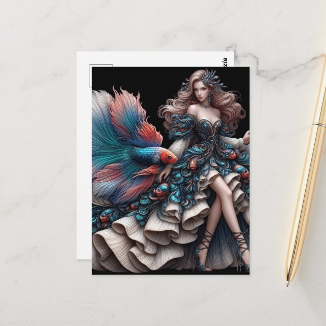 Fashion Model Woman and a Betta Fish Postcard (Front/Back In Situ)