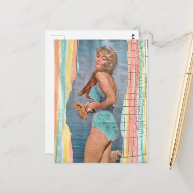 Fashion model Woman in 1957 on the beach collage Postcard (Front/Back In Situ)