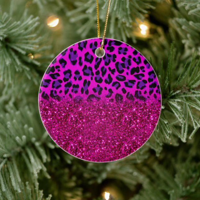 Fashion Modern Pink Purple Glitter Leopard Ceramic Ornament (Tree)