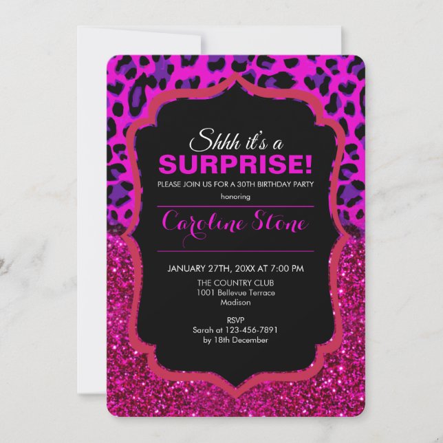 Fashion Modern Pink Purple Glitter Leopard.        Invitation (Front)