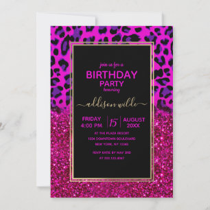 Fashion Modern Pink Purple Glitter Leopard.        Invitation