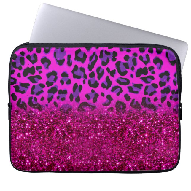Fashion Modern Pink Purple Glitter Leopard Laptop Sleeve (Front)