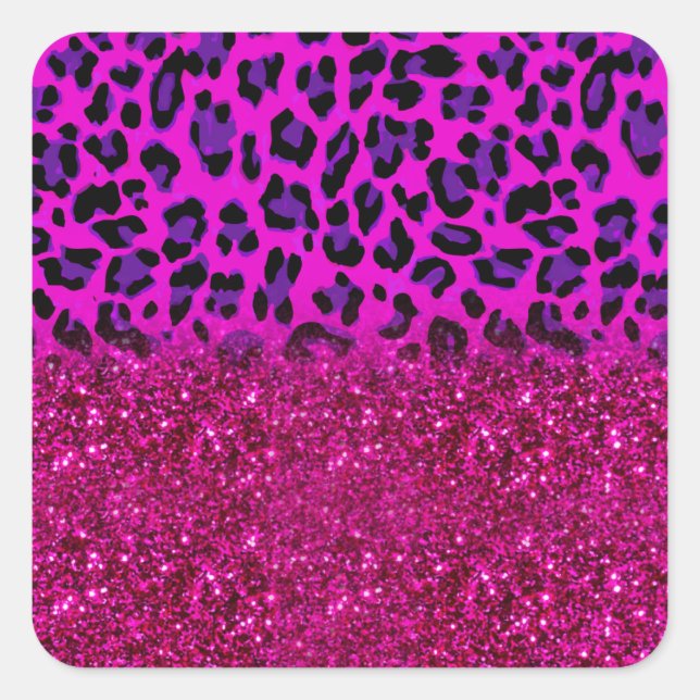 Fashion Modern Pink Purple Glitter Leopard Square Sticker (Front)