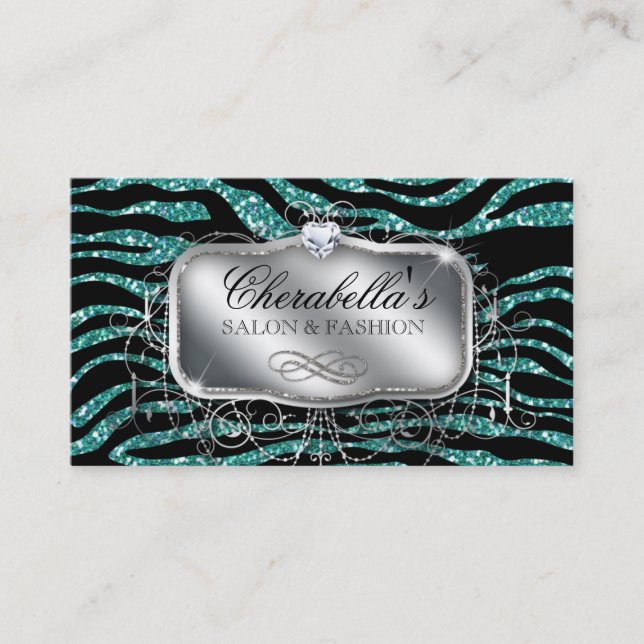 Fashion Nail Salon Elegant Zebra Glitter Teal Business Card (Front)
