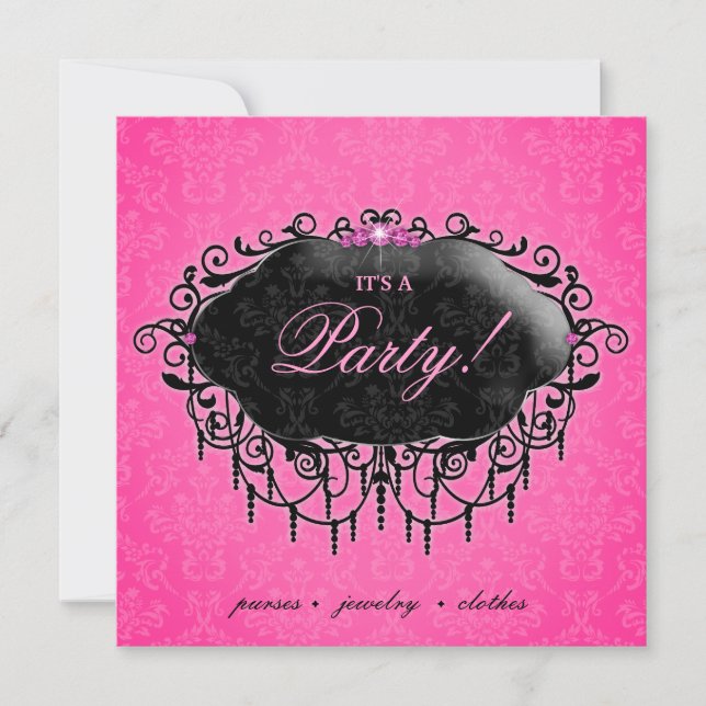Fashion Party Elegant Damask Pink Black Invitation (Front)